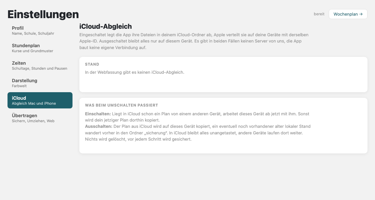 Einstellungen, iCloud: Stand des Abgleichs und die Erklärung, was beim Umschalten passiert