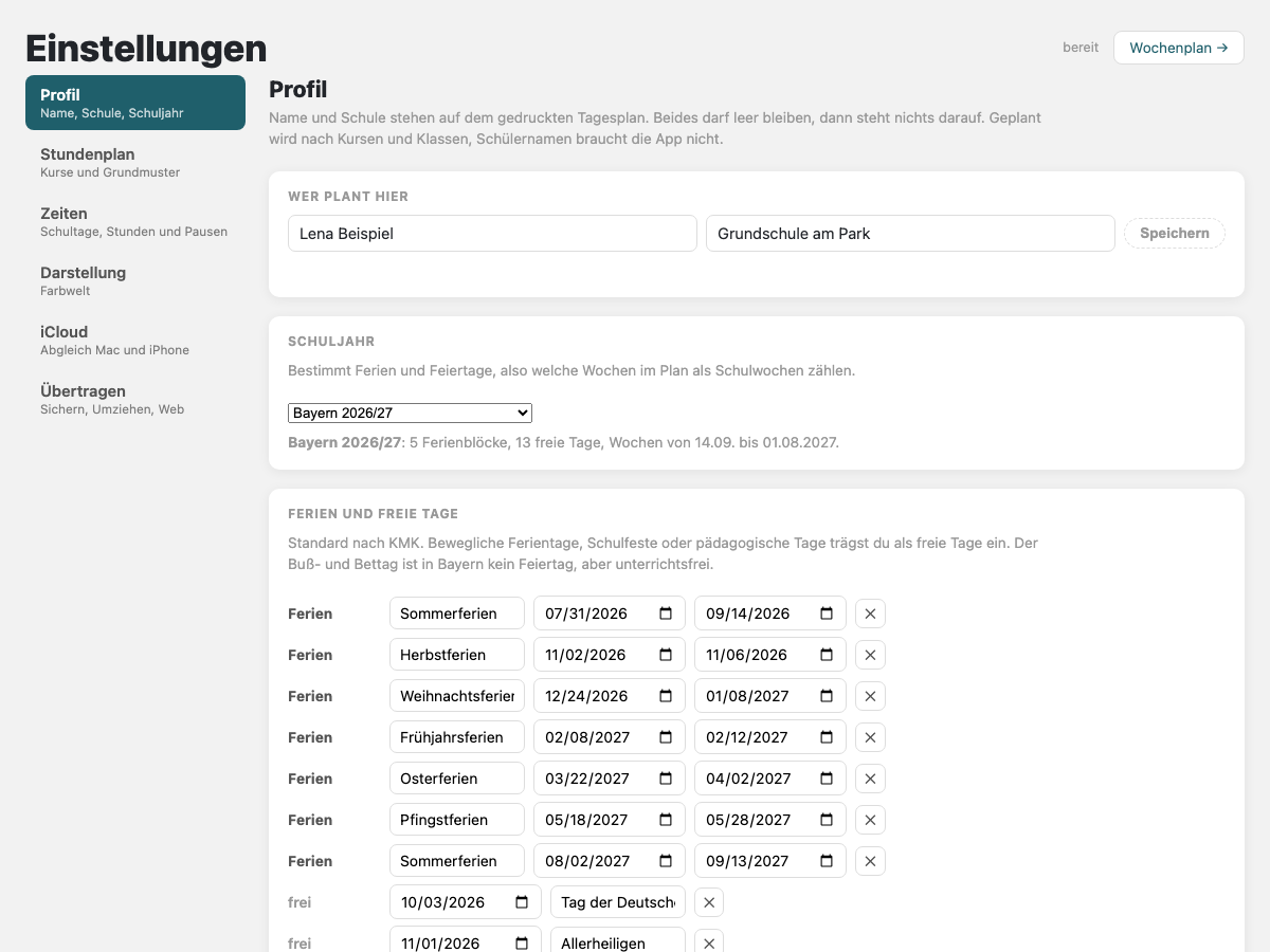 Einstellungen, Profil: Liste der Ferienblöcke und freien Tage mit Datumsfeldern