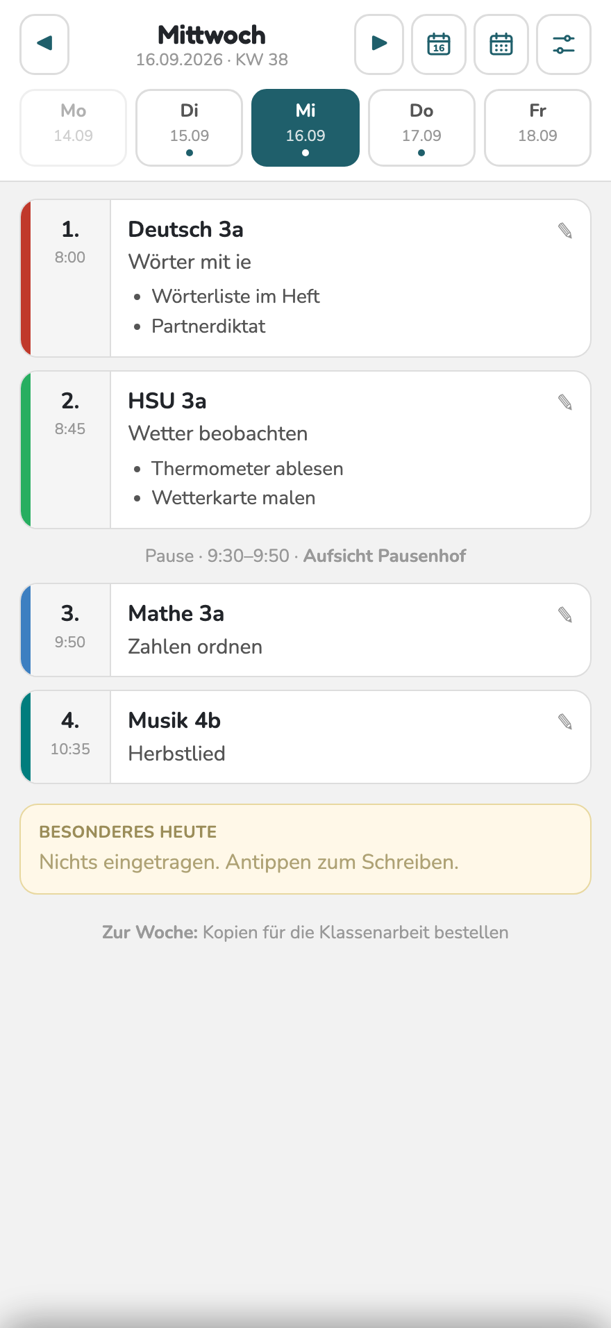 Der Tag am iPhone: die Stunden untereinander mit Thema und Notizen