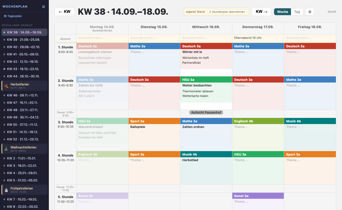 Der Wochenplan am Mac: fünf Spalten für die Schultage, farbige Stunden mit Thema und Notizen, links die Liste der Kalenderwochen mit Ferien